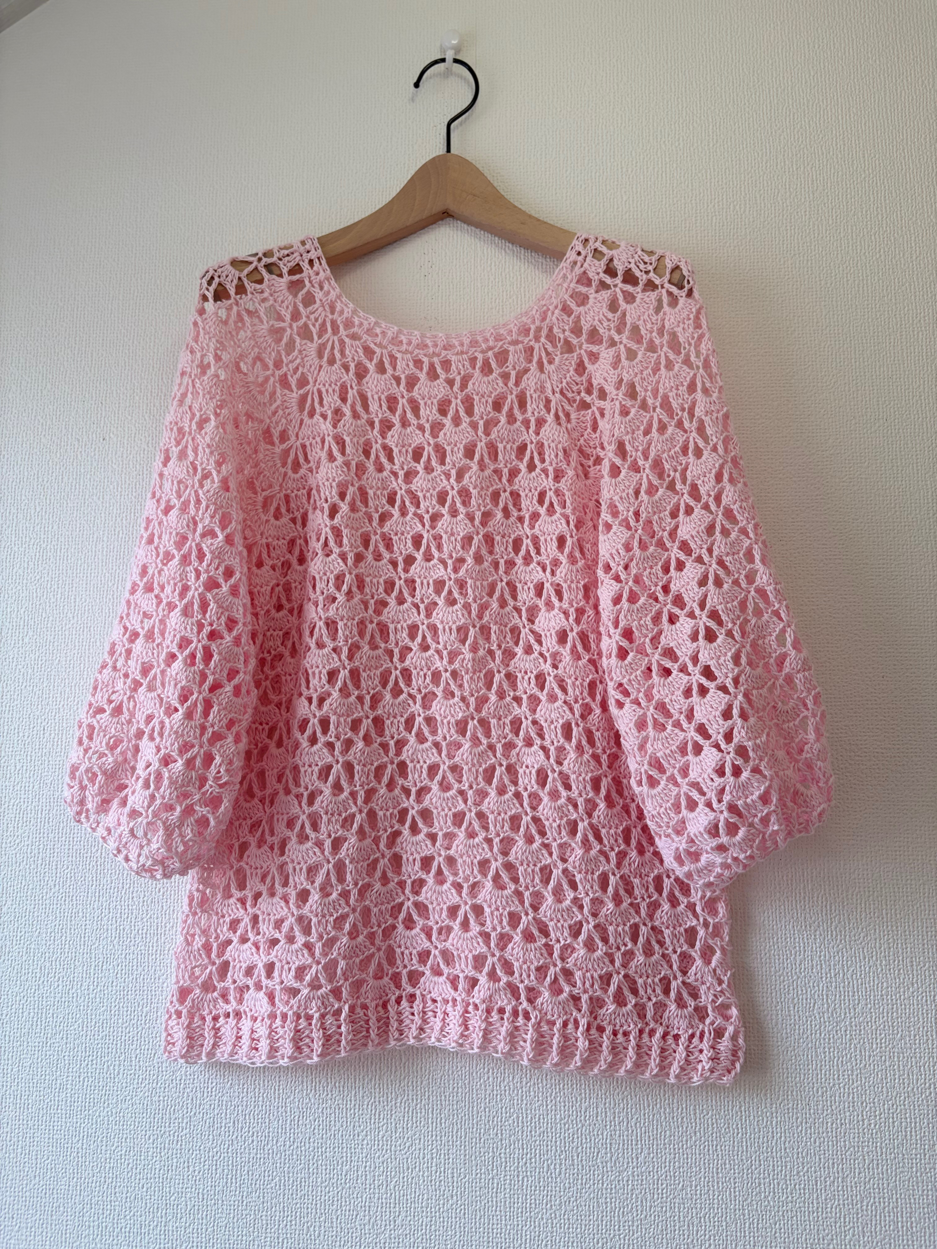 ‪☆handmade‪☆手編み 桜色ピンクcotton花模様ニット