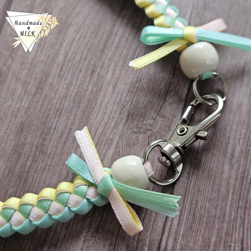 ✿ぷりん♡　リボンレイ　✿パステルレインボー×モモ　リボンレイチャーム❤ にゃんこ＆わんこもオシャレに可愛く♪ リボンレイ 首輪 春色