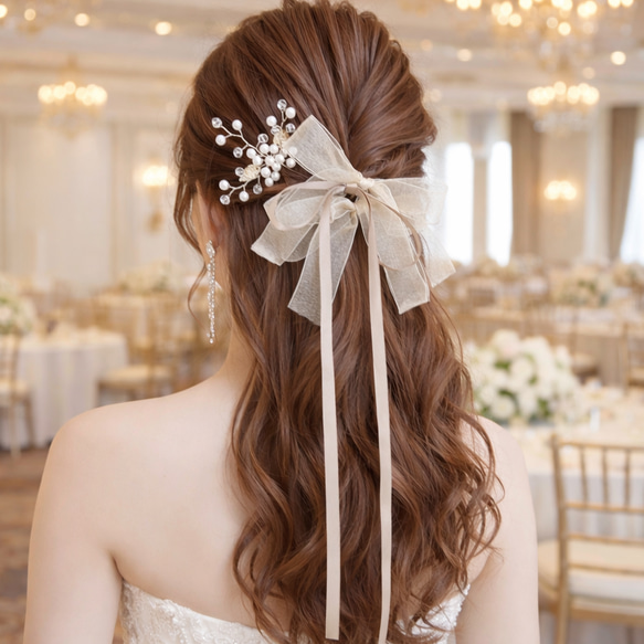 3点セット【チュールリボン Uピン2点➕サテンリボン Uピン1点 】ヘッド