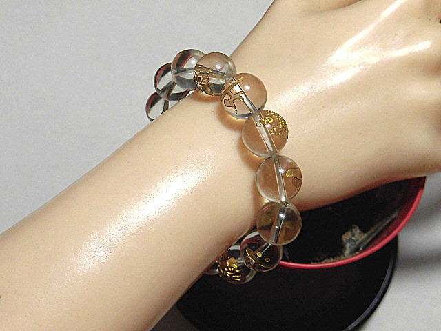 天然石 ヒマラヤ水晶勢至菩薩(凡字)13.1～13.5mm玉ブレスレット 内周18.2cm 　　250720151