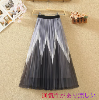 春夏の新作韓国版ハイウエストで甘くレトロなぶつかり色をつなぎ合わせたミディアムメッシュプリーツスカート半身チュールスカー 4,615円