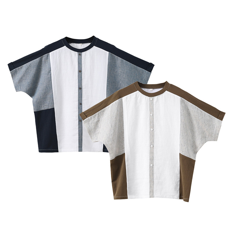 パーチワークTシャツ　リネン混紡丸襟半袖Tシャツ　2色　4サイズ　L612 4,880円