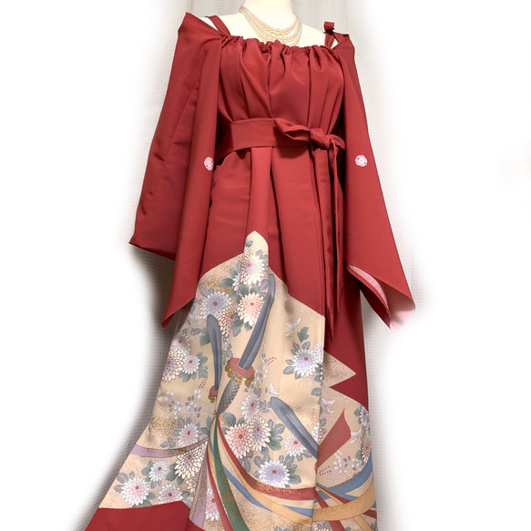 正絹】着物リメイク 色留袖ドレス&ボレロショールのセット／五つ紋