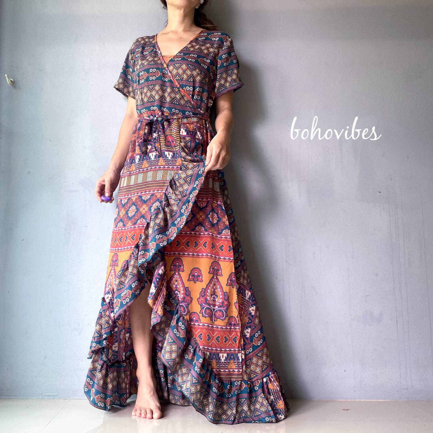 【No.42】インドサリー生地リメイク◎カシュクールkimonoワンピース