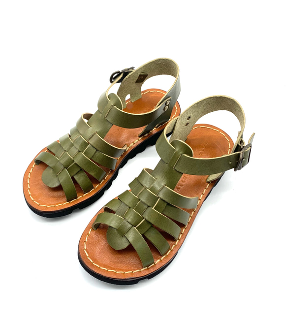 レディースカジュアル革靴　栃木レザーを使ったグルカサンダルＧＲＯＷＮＡＴＵＲＡＬＬＹ　　カーキ 5枚目の画像