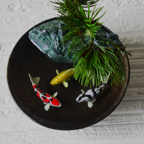 水辺の風景 錦鯉 受注制作 置物 松 造花 エポキシ樹脂 インテリア雑貨