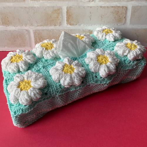 手編みティッシュボックスカバー ぷくぷくお花モチーフ ティッシュ