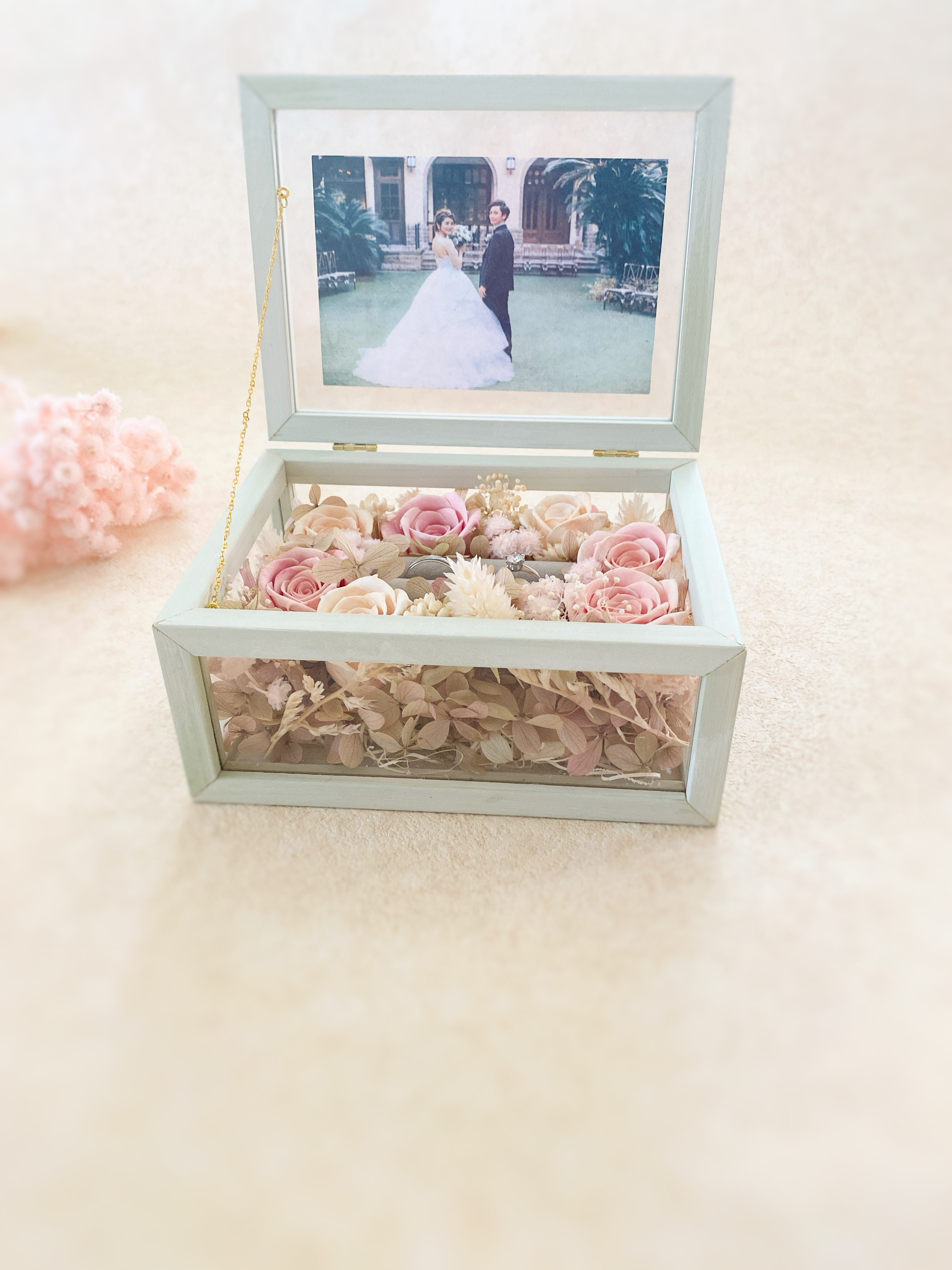 特別なclayフラワーボックス  リングピロー＆フォトフレーム(roseサーモンピンク)