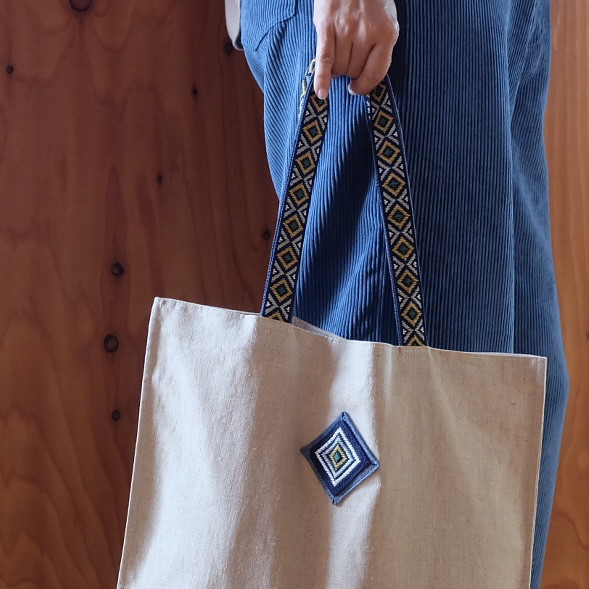 リネン100% こぎん刺しストラップ大きめサイズのトートバッグ◇◆◇【こぎん刺し☺︎刺繍】⌘受注製作⌘
