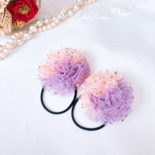 チュールリボン♡ツイン♡ヘアゴム チュールリボン ハンドメイド キッズヘアゴム ツイン 2個セットの通販