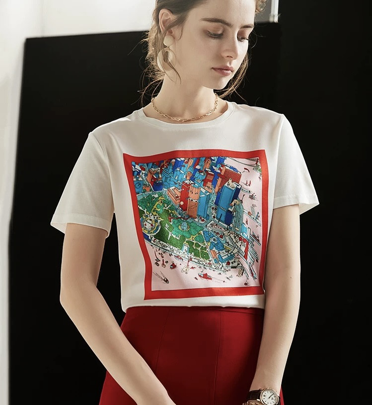 アートなプリント柄シルク  綿混異素材ドッキング　カットソー・Tシャツ【秋春夏】