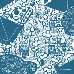 いっぷく手ぬぐい「洛中楽市図」　木版画作品を図柄に使用した染料手捺染の手ぬぐいです。額装や壁にかけても楽しめます 9枚目の画像