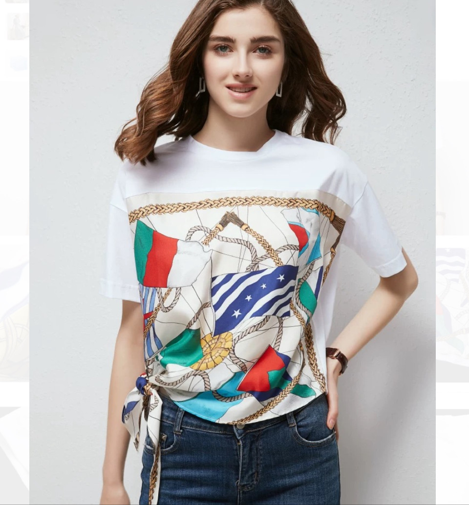 モードなプリント柄シルク100%  綿混異素材ドッキング　裾リボン　カットソー・Tシャツ【秋春夏】