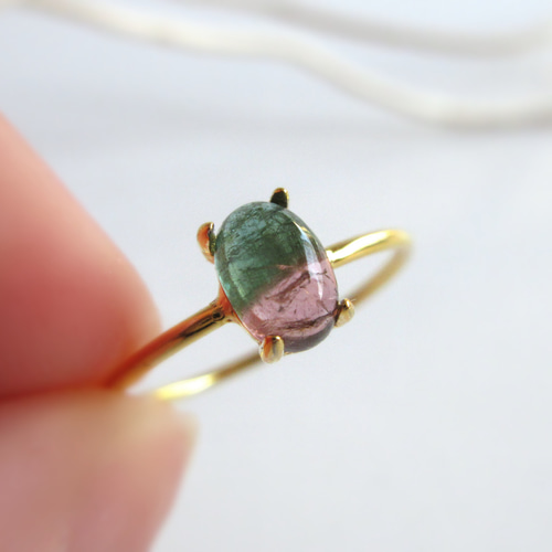 トルマリンオーバルカボションリング K10PG 8〜9号 ハンドメイド 10金 希少】6×4mm発色美「バイカラートルマリン」オーバルカボションリング