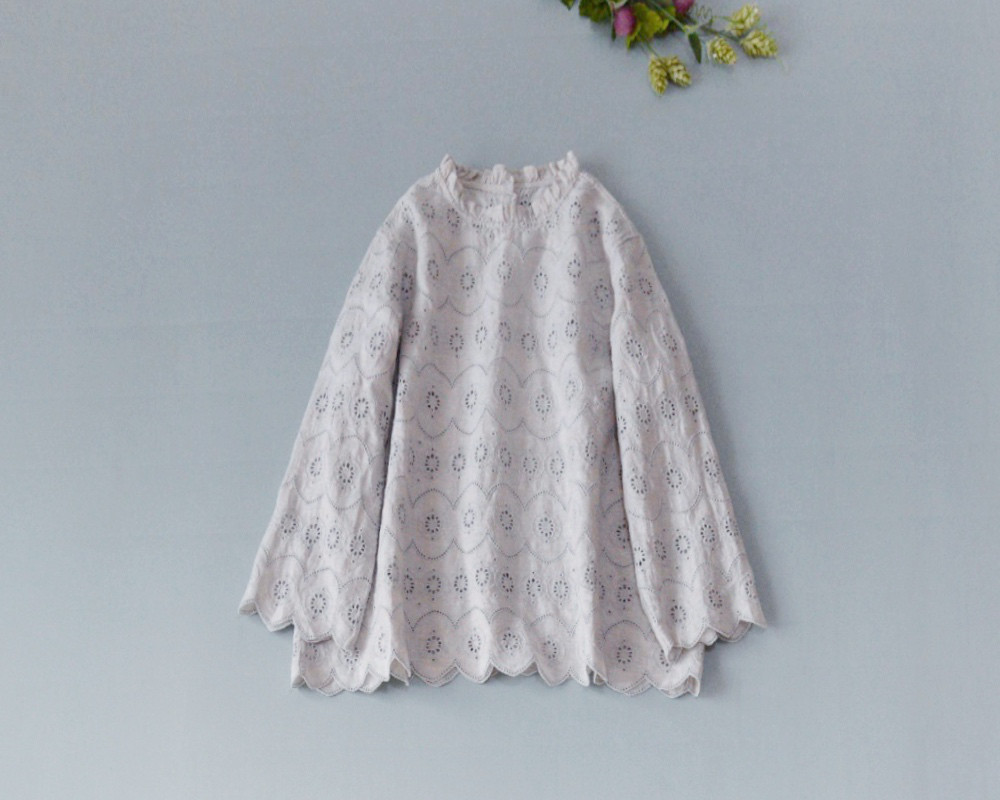 リネン100％スカラップ総刺繍大人可愛い長袖トップス♪