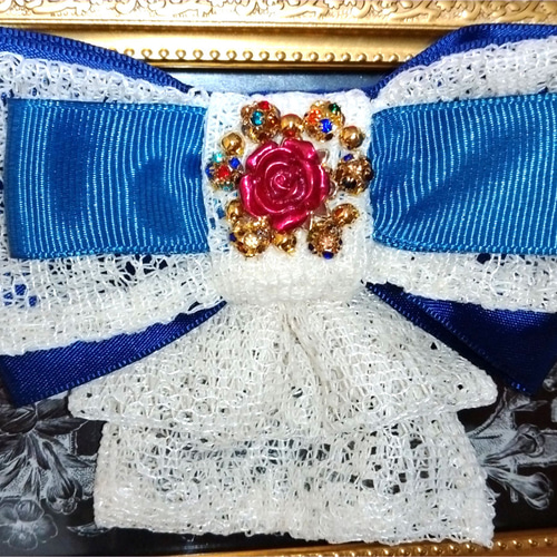 リボンタイ・リボンブローチ憧れのダンディズム！（紺色＆象牙色レース