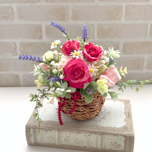 母の日 カーネション 薔薇 フラワーアレンジメント バスケット 造花