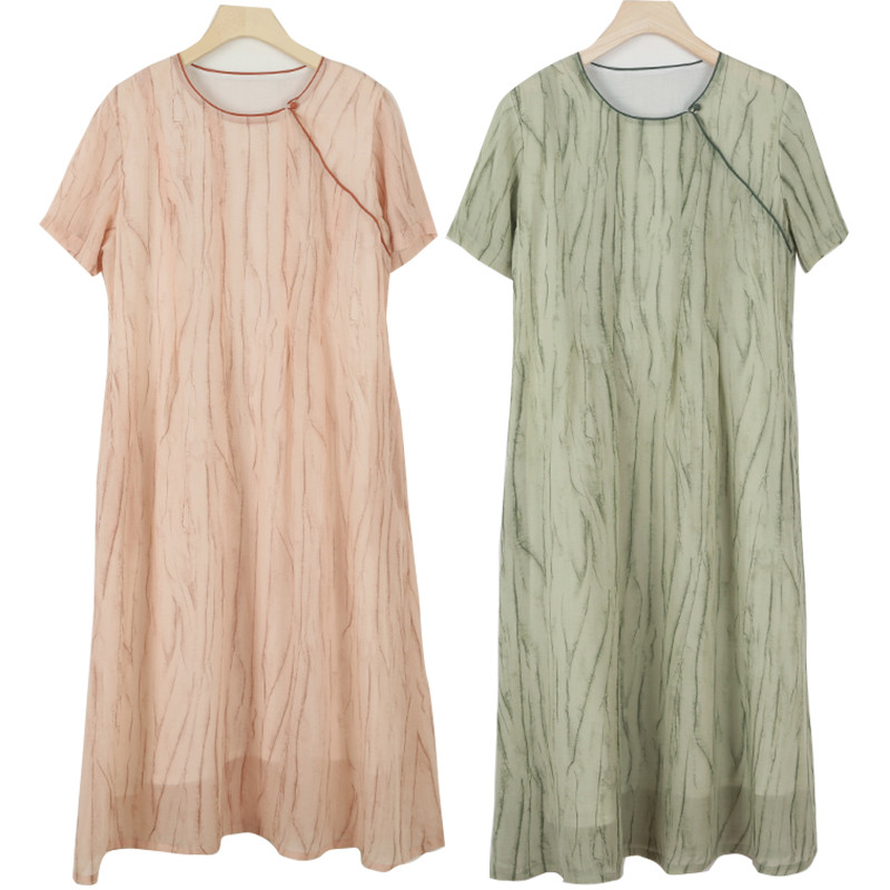 リネン＊テンセル混紡ワンピース　丸襟プリントリネンワンピース　半袖裏地付き　2色　M-2XLサイズ　L614