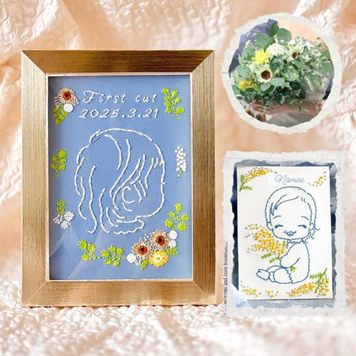 似顔絵とお花の紙刺繍ファーストカ ットアート suzuna工房 × Poniños