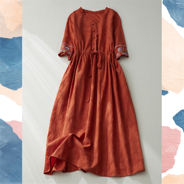 【受注】 新作 お洒落 綿麻 半袖 ワンピース  洗濯可