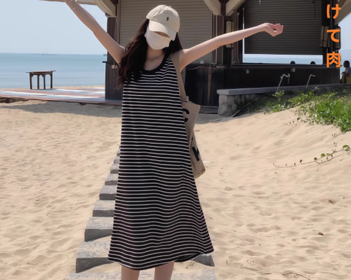 ✨45rpm ノースリーブ ストライプワンピース（Tシャツ素材） ニーハイノースリーブストライプのタンクトップワンピース夏レトロで