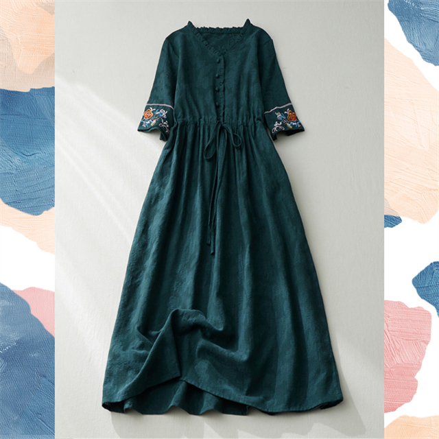 【受注】 新作 お洒落 綿麻 半袖 ワンピース  洗濯可