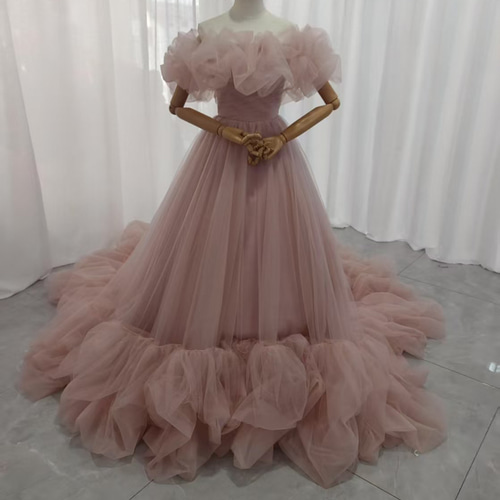 美品！カラードレス ピンク 取り外しオフショルダー ソフトチュール  
