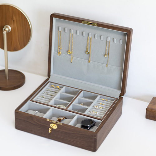 名入れ可】2段式ジュエリーボックス｜大容量・黒ウォールナット天然木