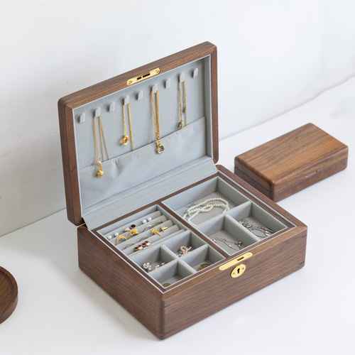 刺繍　アクセサリー木製ボックス 2個 名入れ可】2段式ジュエリーボックス｜大容量・黒ウォールナット天然木