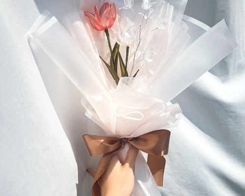 編み物　花束　ブーケ　チューリップ　ミモザ　かすみそう 018b8d1b5d35e2251df62b1a54d7fb