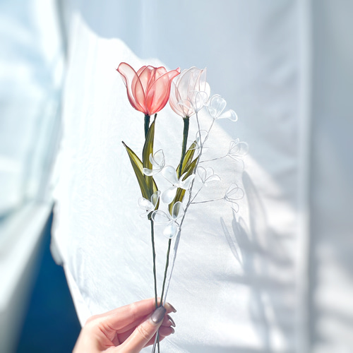 お得なブーケ】チューリップとかすみ草のプチブーケ 3本 b2026