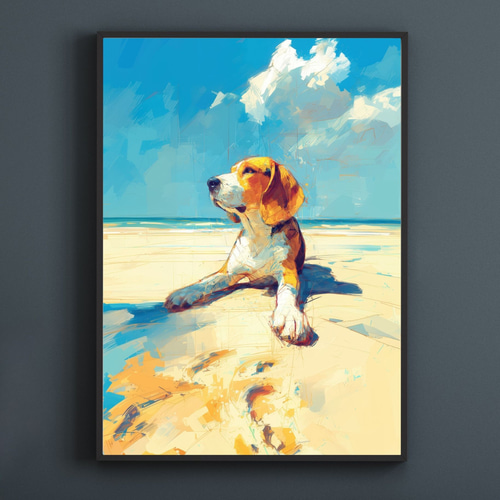 ビーグル犬とビーチのスケッチ No.1】海・犬の絵・犬のイラスト