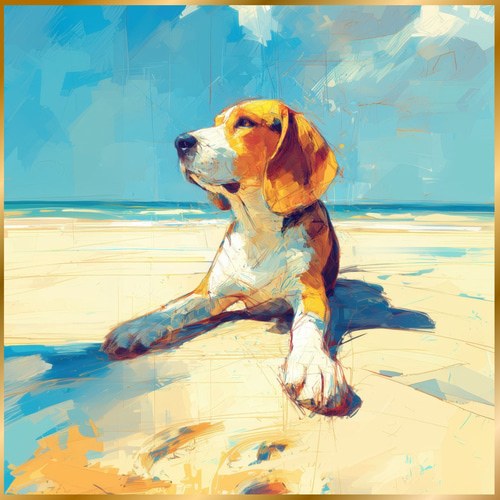 ビーグル犬とビーチのスケッチ No.1】海・犬の絵・犬のイラスト