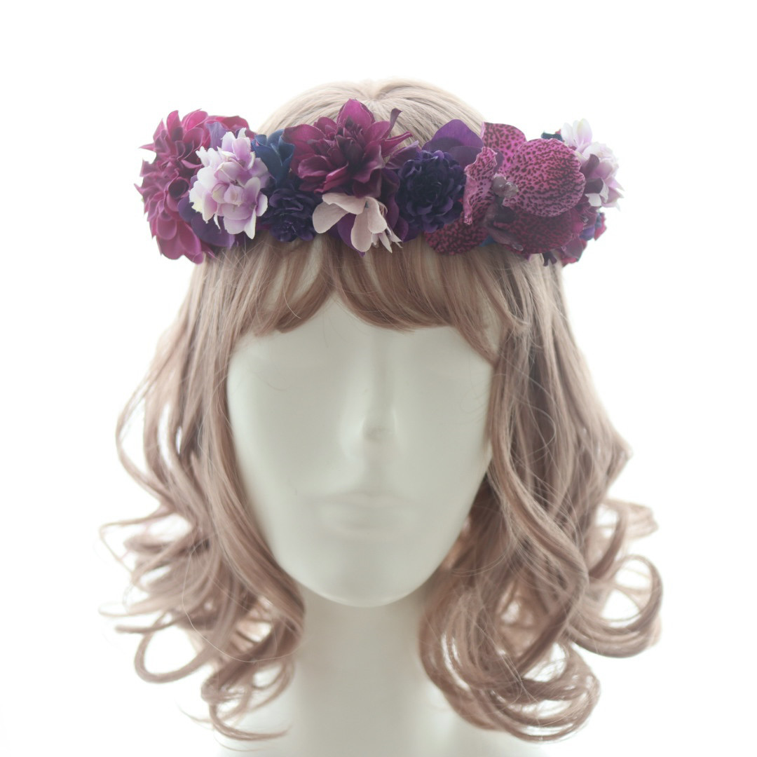 紫の古希祝い 花冠＊深みパープルグラデーションの花かんむり　喜寿や秋冬ウェディングにも