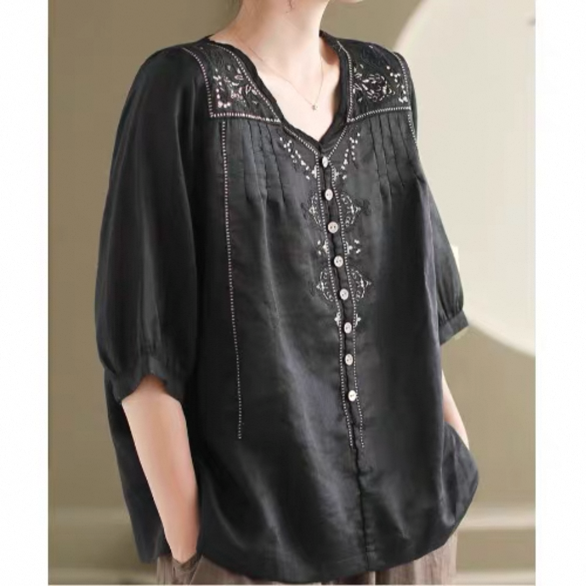 夏トップス、無地トップス、綿麻トップス、綿麻シャツ、無地シャツ、刺繍トップス