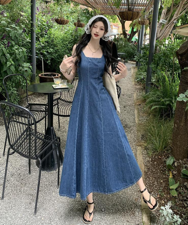 春夏デニムロングワンピース♪シンプルながら女性らしいデザイン♪ 楽天市場】ロング丈デザインデニムワンピース レディース 春