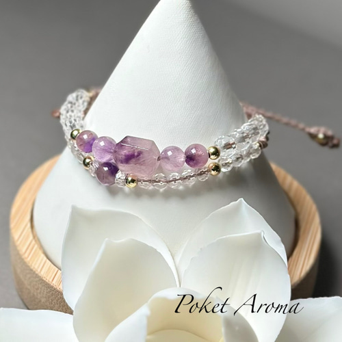 穏』ピンクスーパーセブンアメジストのマクラメブレスレット