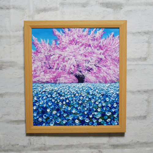 油絵 油彩 油彩画 絵 絵画 【桜とネモフィラ】 絵画 HR 通販