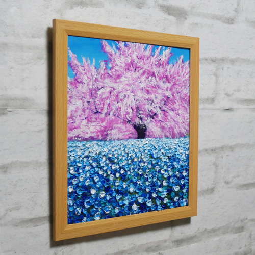 油絵 油彩 油彩画 絵 絵画 【桜とネモフィラ】 絵画 HR 通販