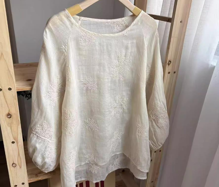 【受注製作】涼しいリネントップス・刺繡ブラウス　KN0654
