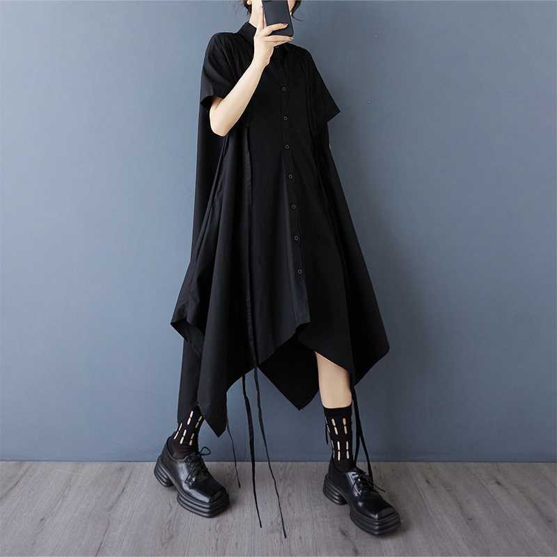 巾着デザイン不規則なシャツワンピース