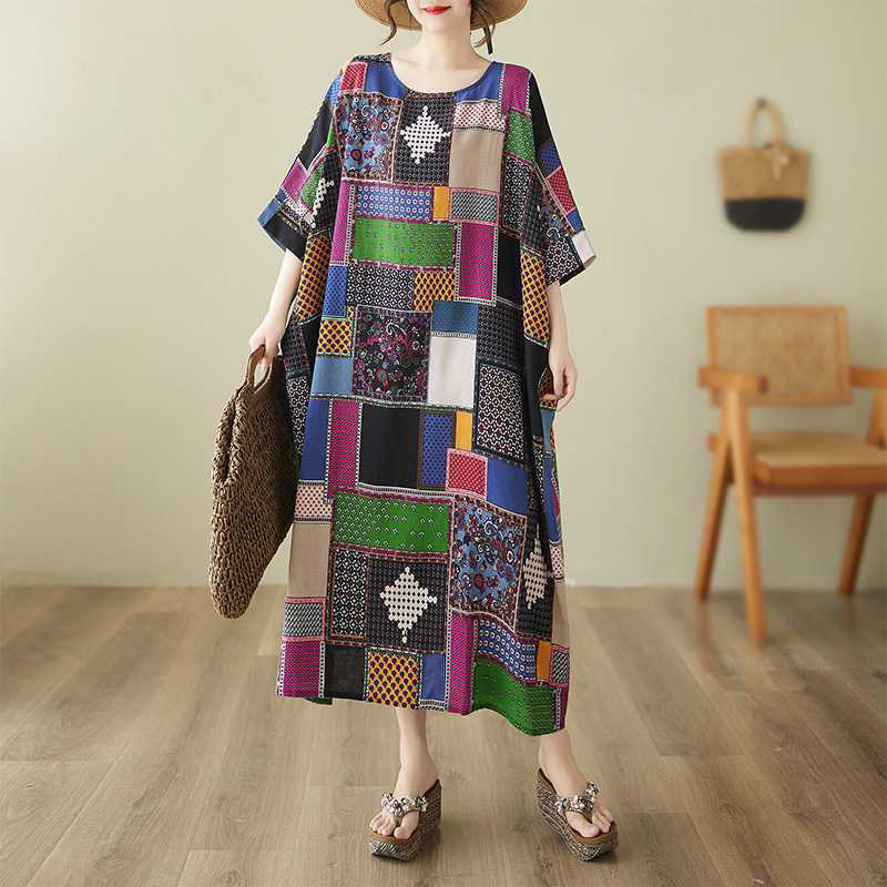 プリントコットン麻ラウンドネックゆったりしたオフショルダーワンピース