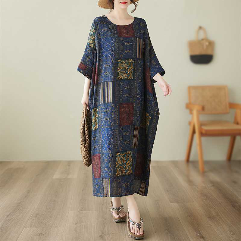 プリントコットン麻ラウンドネックゆったりしたオフショルダーワンピース