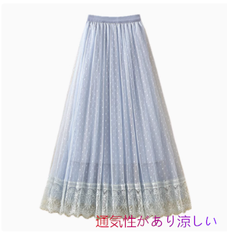 新しい夏のハイウエストポルカドットメッシュスカートロングスカートスプレッチレースプリーツスカートミッドレングスAラインス