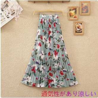 夏のレトロハイワイスト薄いシフォンプリーツスカートAラインロングスカートビーチスカートミッドレングスフローラルスカート