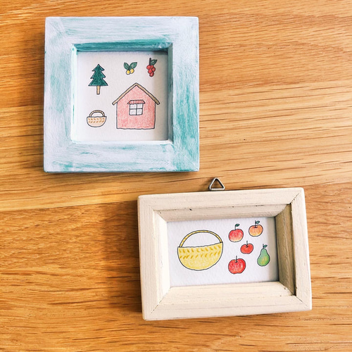 送料無料 手描きイラスト ミニ額4点 森の小さなスウェーデンハウス（一点ものイラスト原画）（ミニ額縁付き