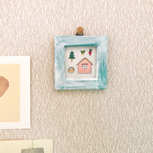 森の小さなスウェーデンハウス（一点ものイラスト原画）（ミニ額縁付き