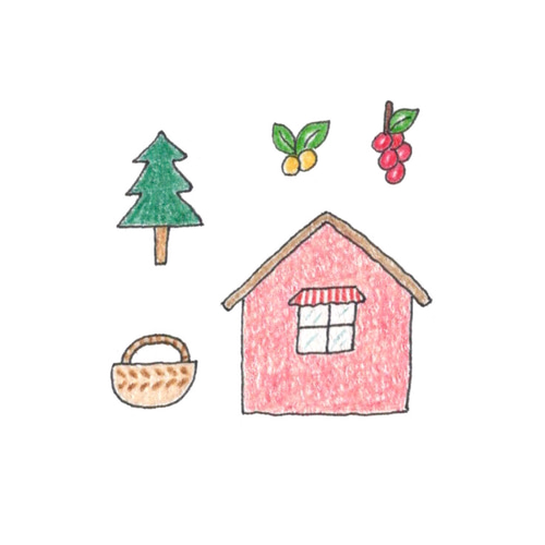 森の小さなスウェーデンハウス（一点ものイラスト原画）（ミニ額縁付き