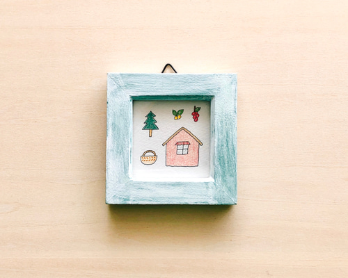 森の小さなスウェーデンハウス（一点ものイラスト原画）（ミニ額縁付き