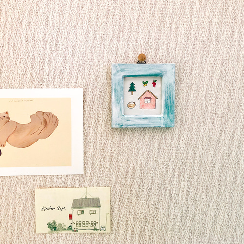 送料無料 手描きイラスト ミニ額4点 森の小さなスウェーデンハウス（一点ものイラスト原画）（ミニ額縁付き